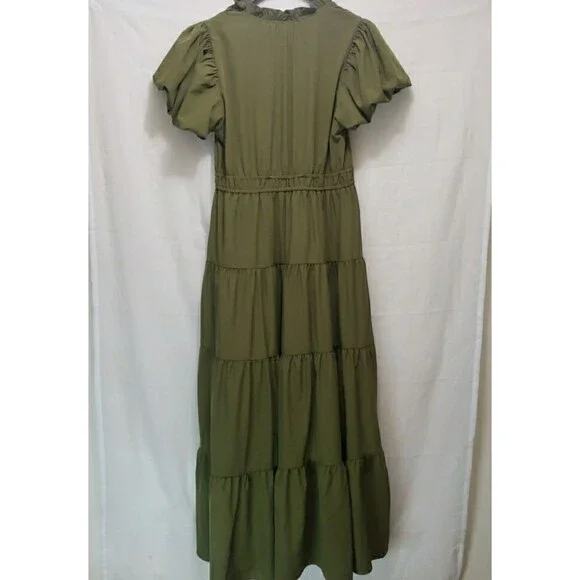 NWT Entro Olive Green Tiered Maxi Dress Sz L Puff Sleeve V-Neck Boho Cottagecore - Picture 6 of 14